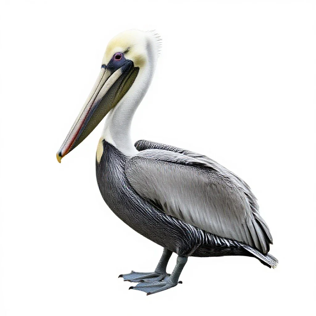 Pelican with its pouch full isolated on a white background