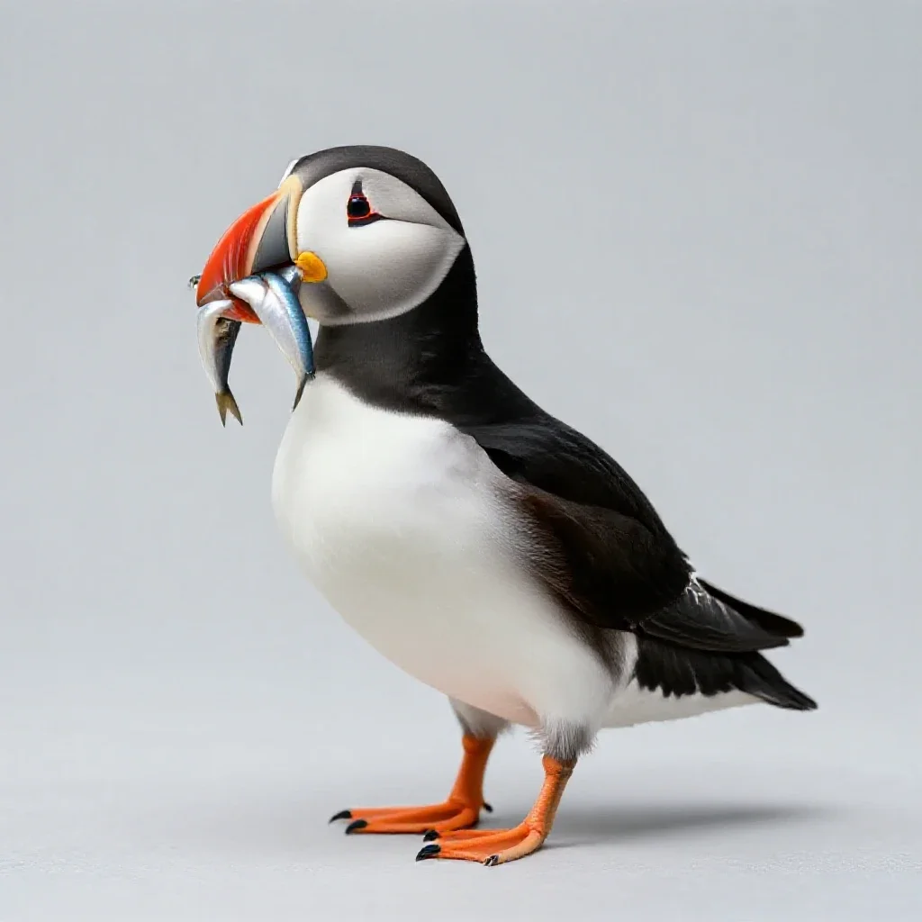 Puffin with a beakful of fish isolated on a white background