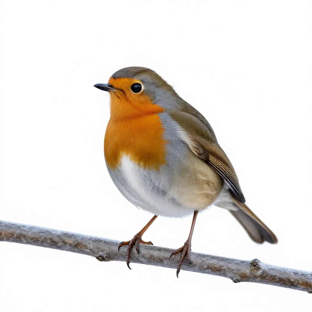 Robin on a frosted branch isolated on a white background