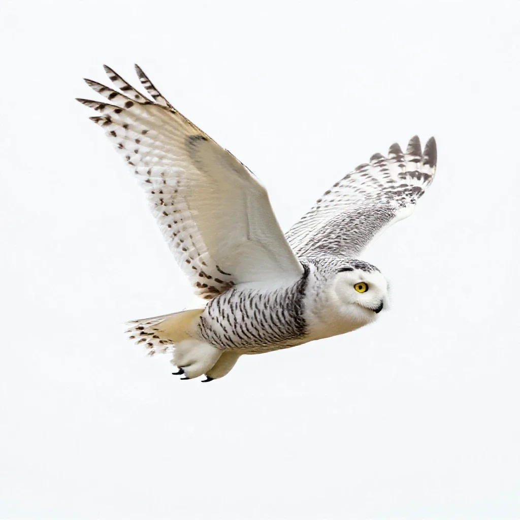 Snowy owl in flight isolated on a white background