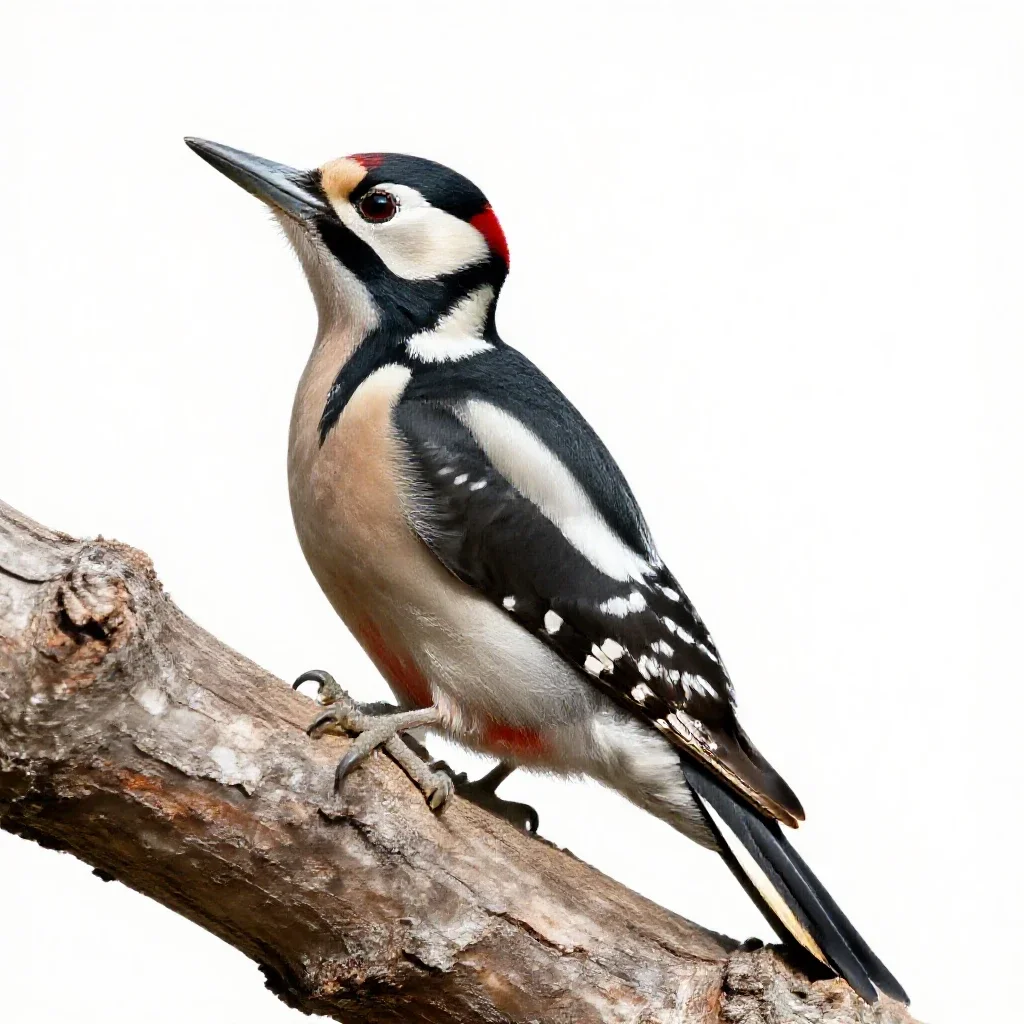 Woodpecker on bark isolated on a white background