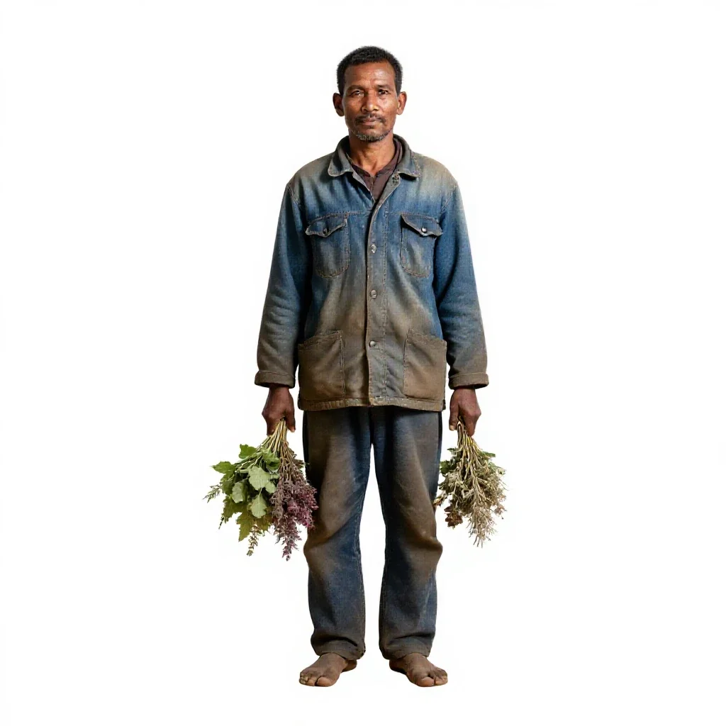 Village healer with herb bundles isolated on a white background