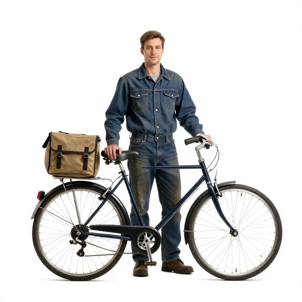 Bicycle courier with a messenger bag isolated on a white background