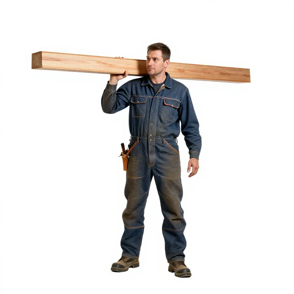 Carpenter shouldering timber isolated on a white background