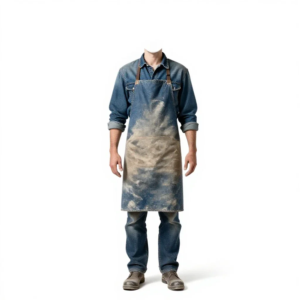 Ceramicist in a clay-dusted apron isolated on a white background