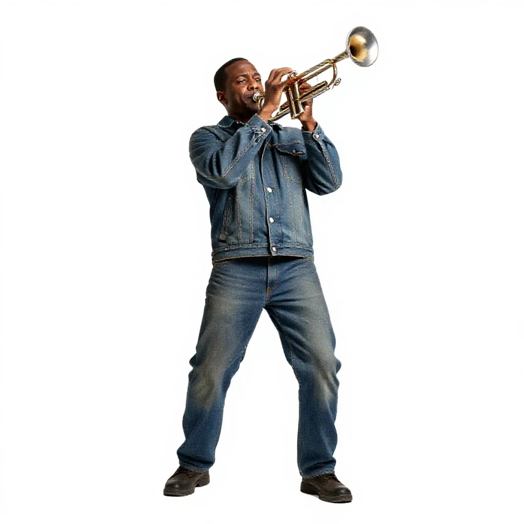 Jazz trumpeter mid-performance isolated on a white background