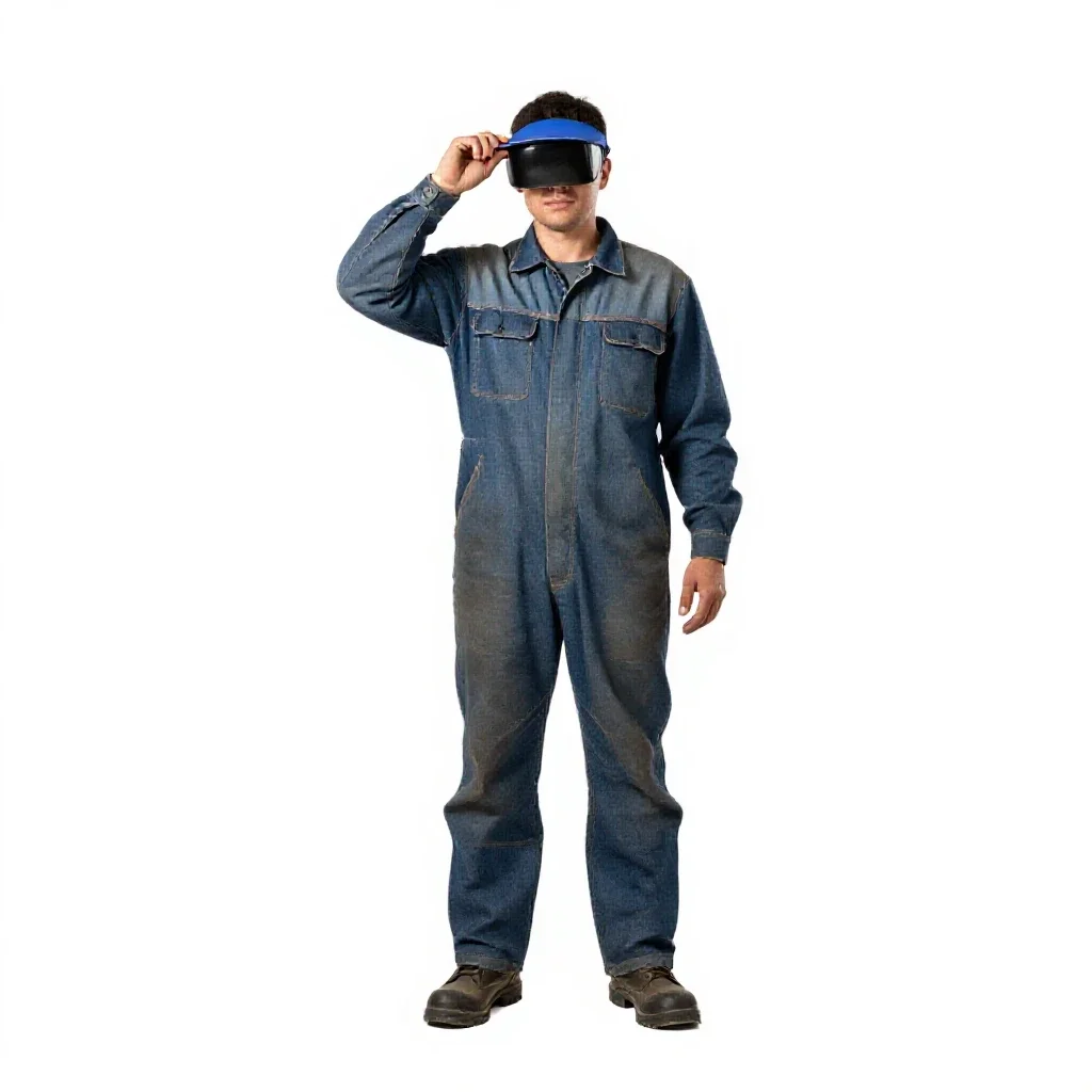 Welder lifting a visor isolated on a white background