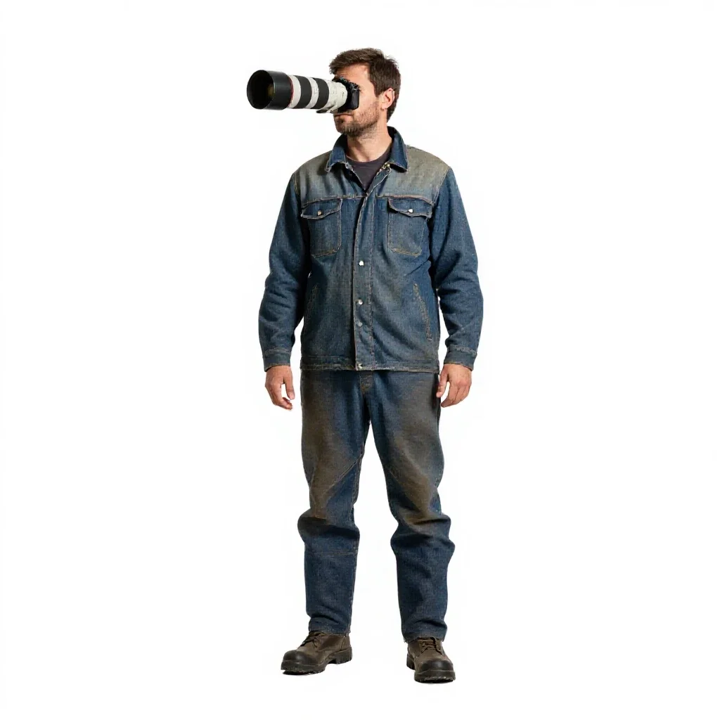 Wildlife photographer with a long lens isolated on a white background
