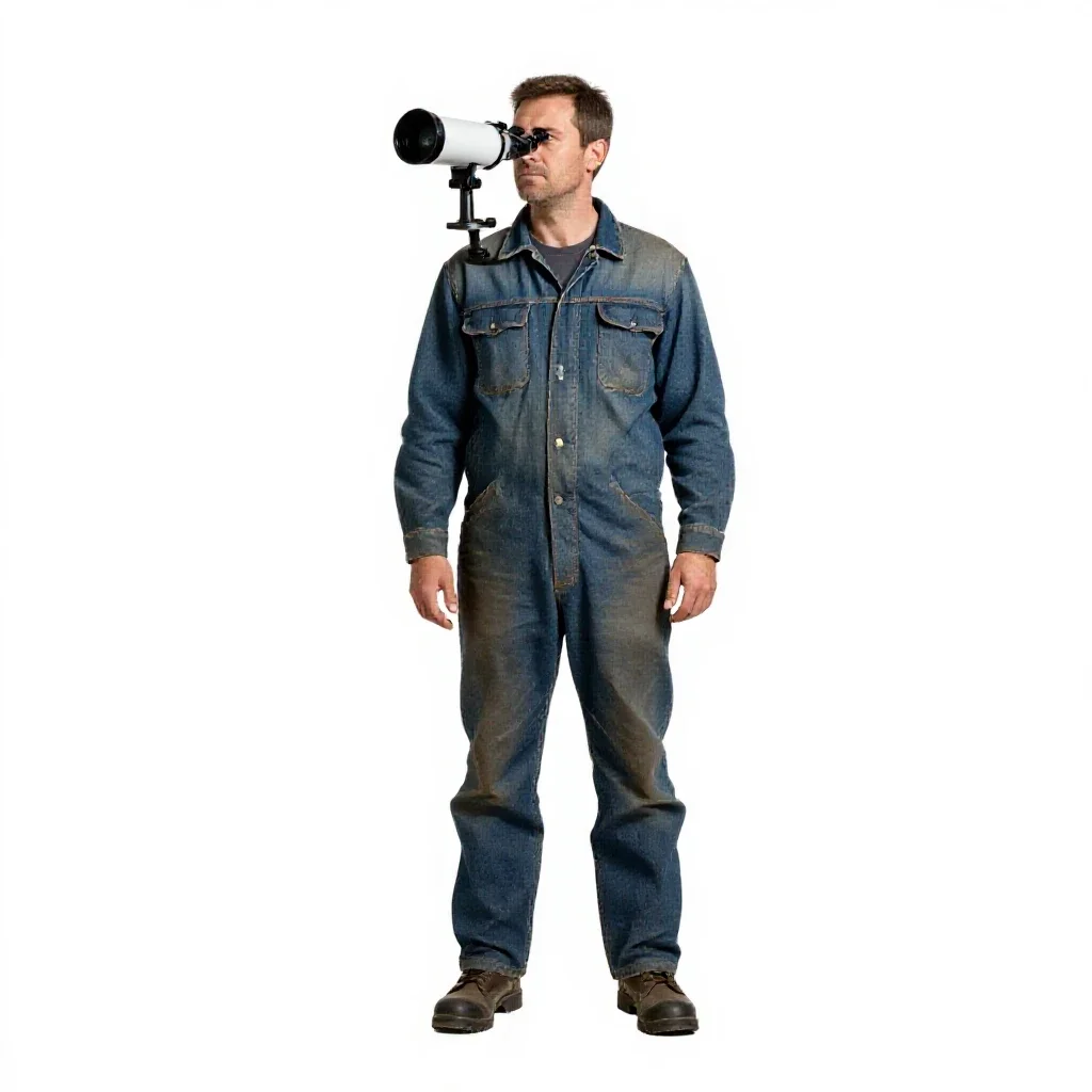 Astronomer at a telescope eyepiece isolated on a white background