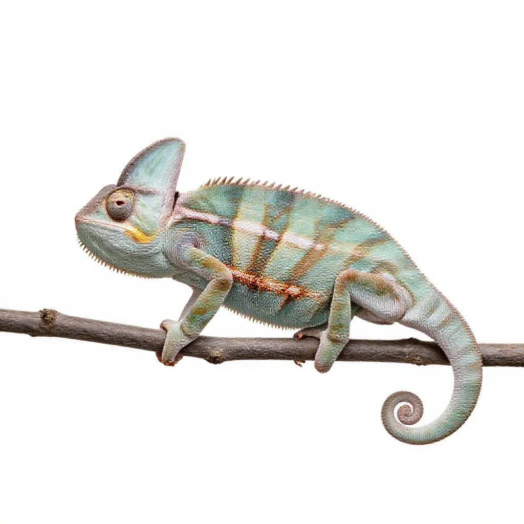 Chameleon on a branch isolated on a white background