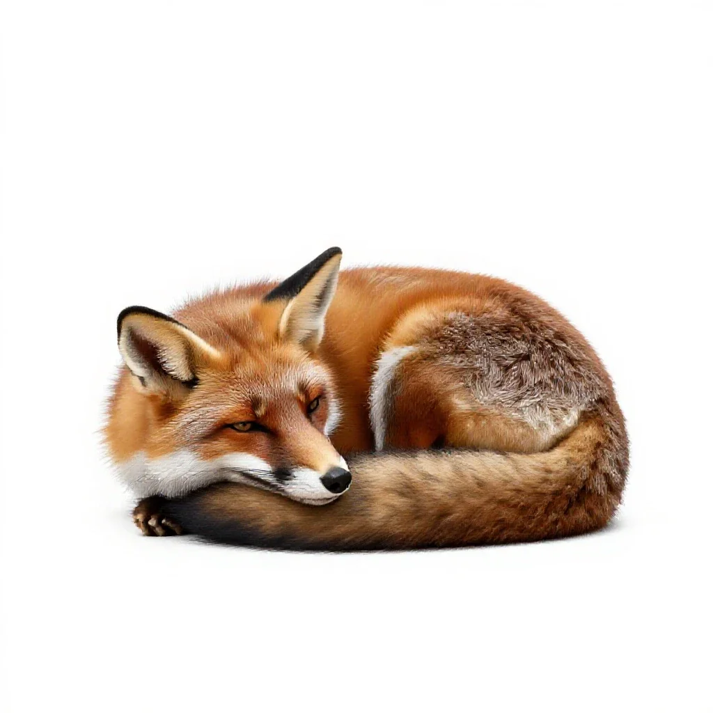 Red fox curled asleep isolated on a white background