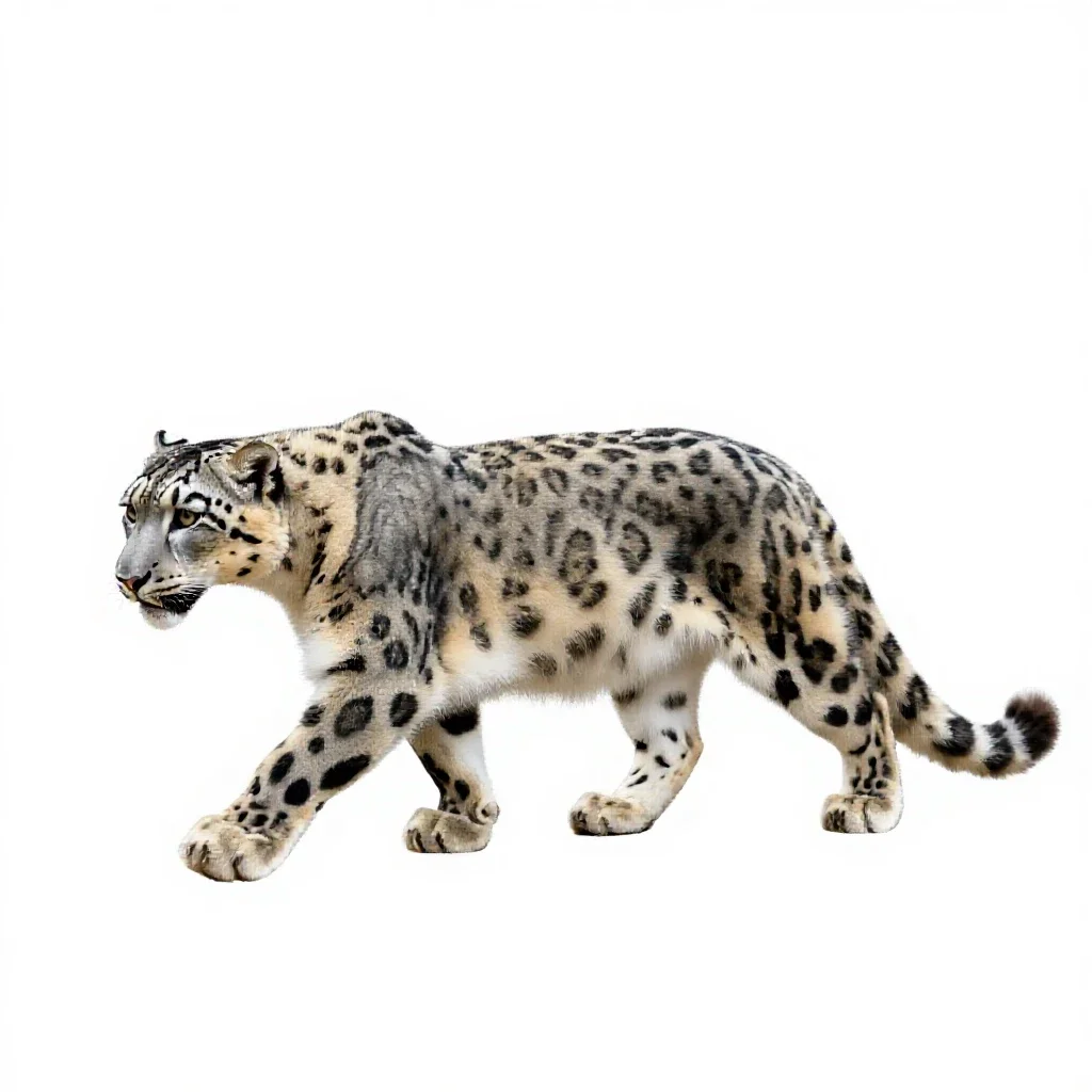 Snow leopard mid-prowl isolated on a white background