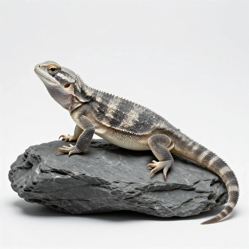Tuatara on a rock isolated on a white background