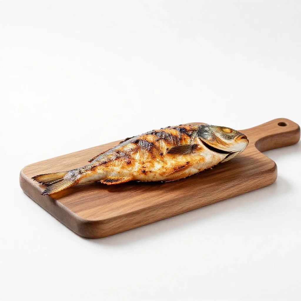 Grilled fish on a plate isolated on a white background