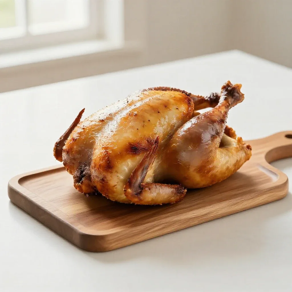 Roast chicken on a board isolated on a white background