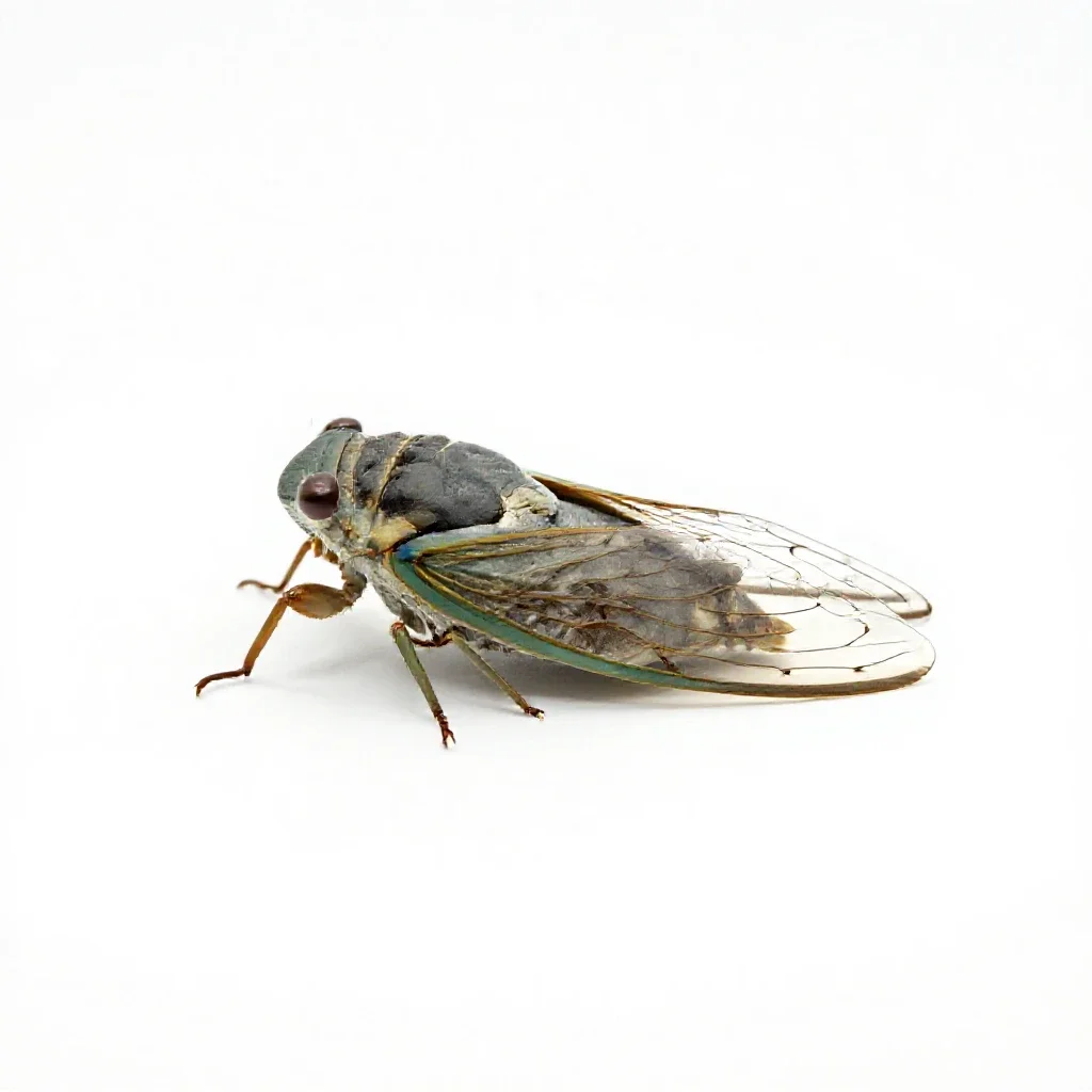 Cicada mid-song isolated on a white background