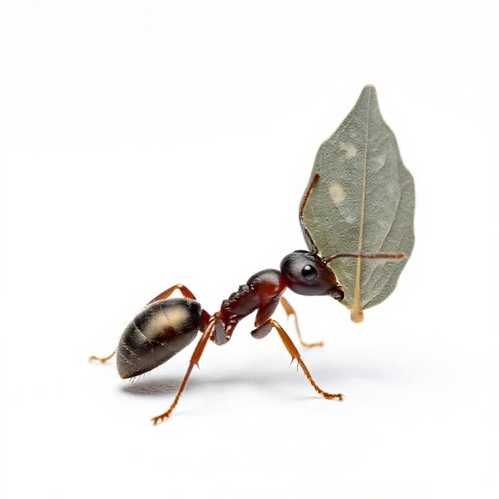 Leafcutter ant carrying a leaf isolated on a white background