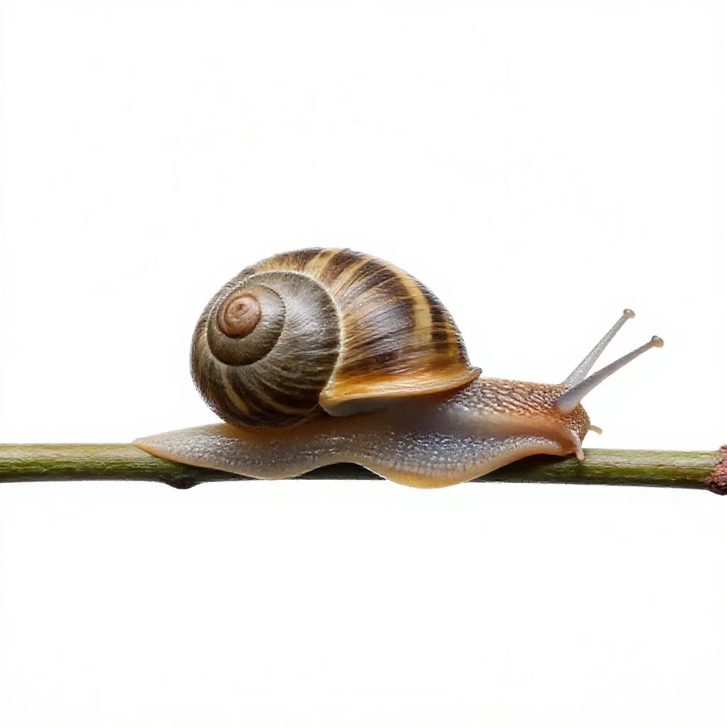Snail on a wet stem isolated on a white background