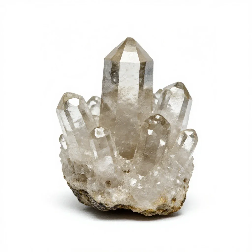 Quartz crystal cluster isolated on a white background