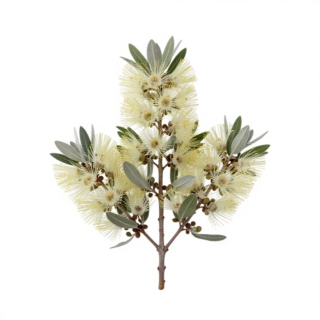 Pohutukawa branch in flower isolated on a white background