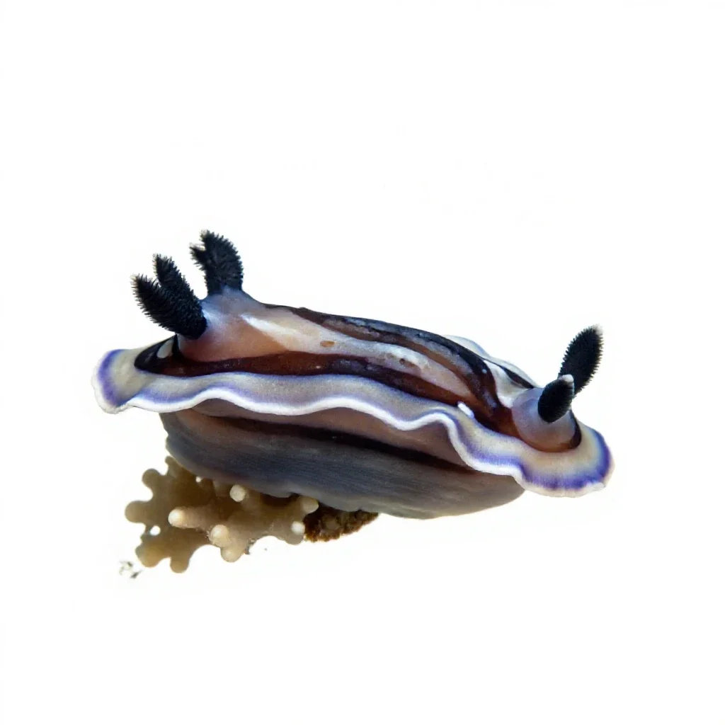 Nudibranch on coral isolated on a white background