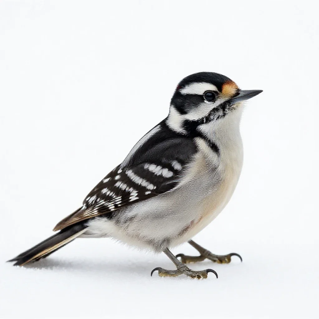 Downy woodpecker isolated on a white background