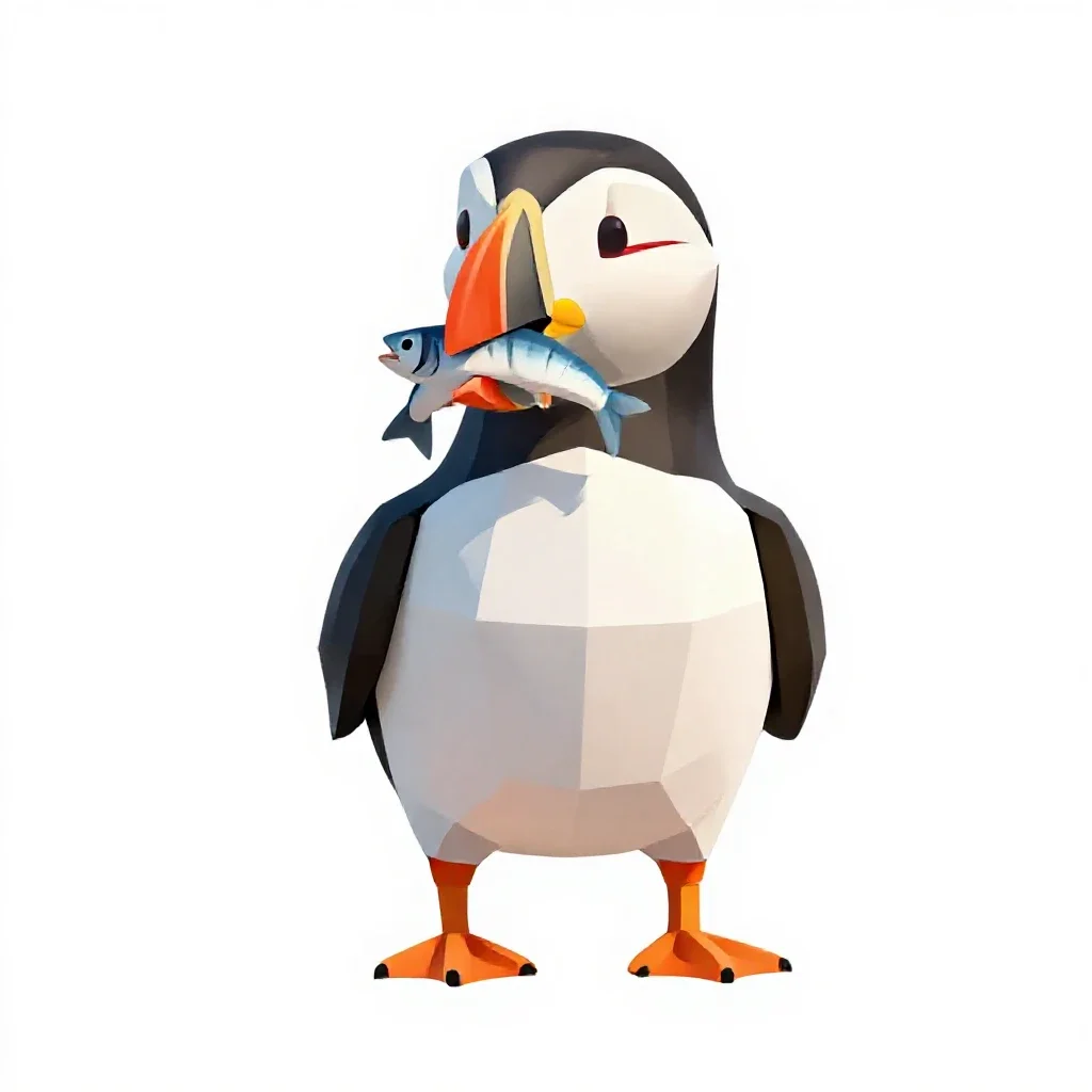 Puffin with a beakful of fish isolated on a white background