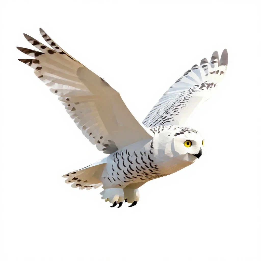 Snowy owl in flight isolated on a white background