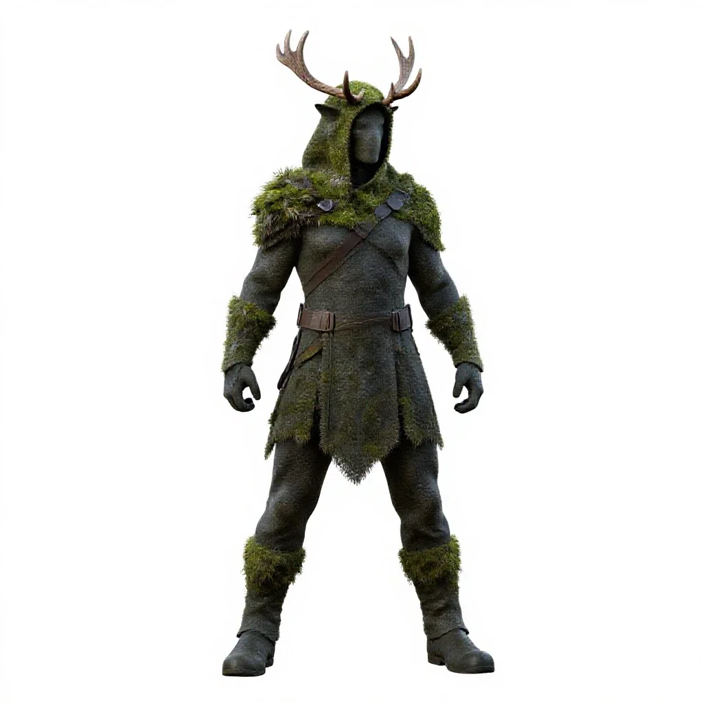 Druid cloaked in moss and antlers isolated on a white background
