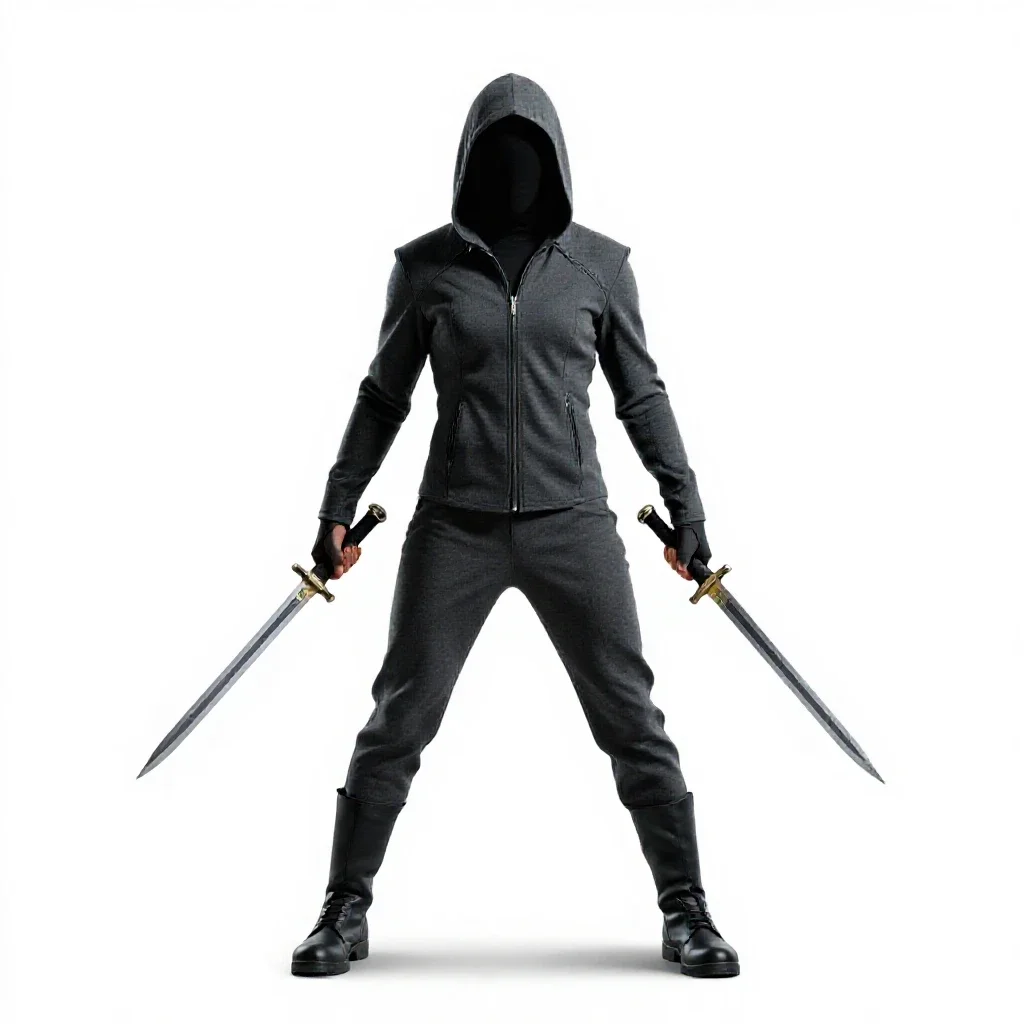 Hooded rogue with twin daggers isolated on a white background