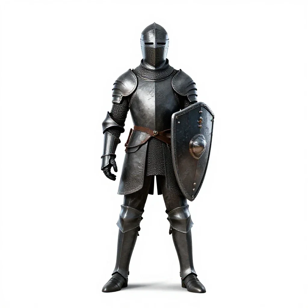 Knight errant with a battered shield isolated on a white background