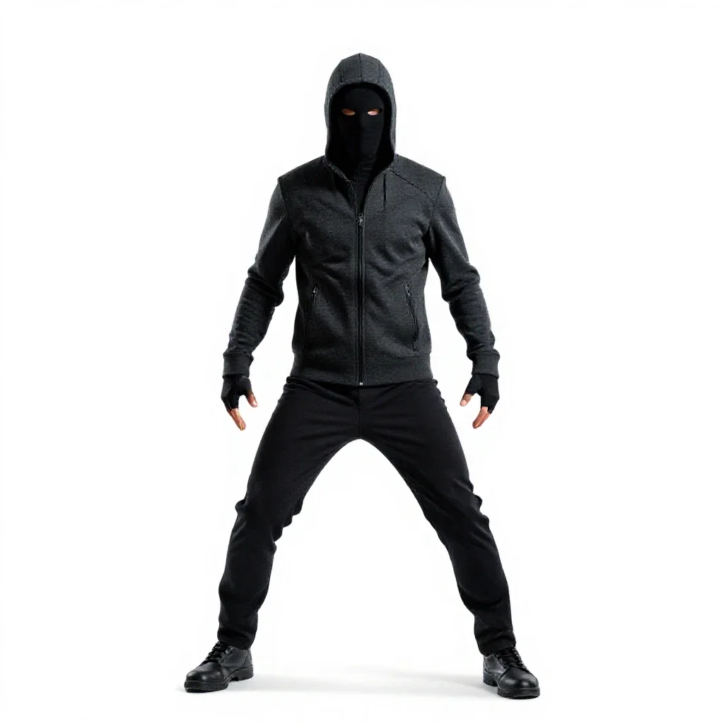Masked assassin in dark cloth isolated on a white background