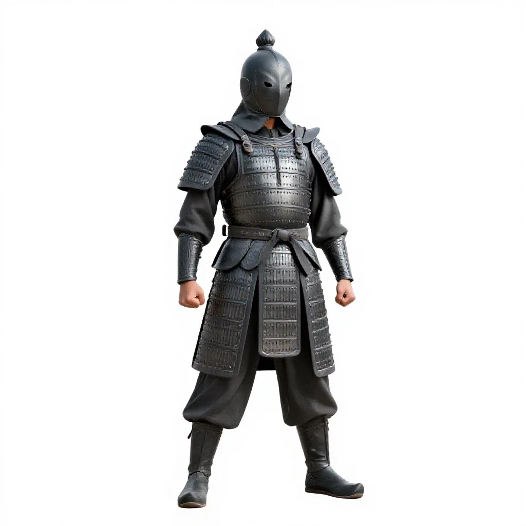 Temple guardian in ceremonial armour isolated on a white background