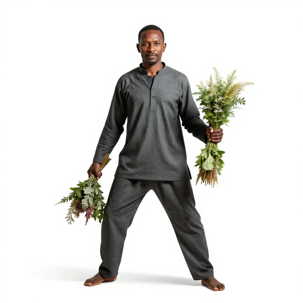 Village healer with herb bundles isolated on a white background