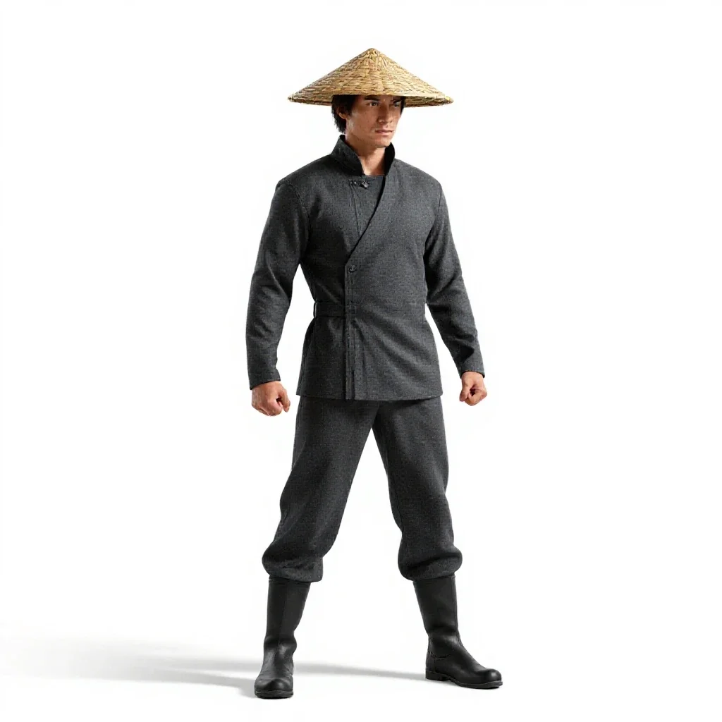 Wandering swordsman in a straw hat isolated on a white background