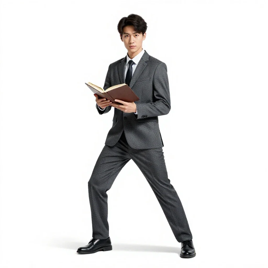 Young apprentice with a spellbook isolated on a white background