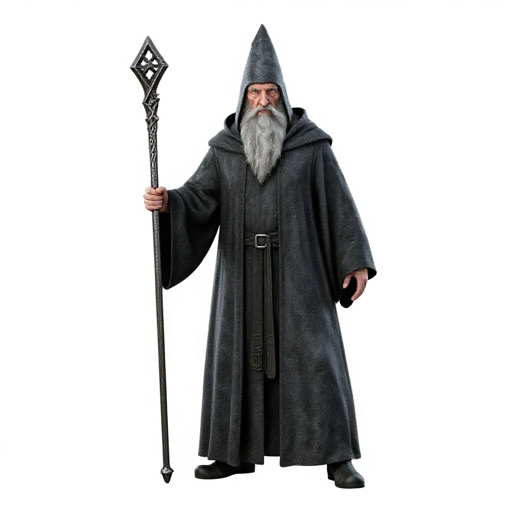 Elder wizard with a rune staff isolated on a white background