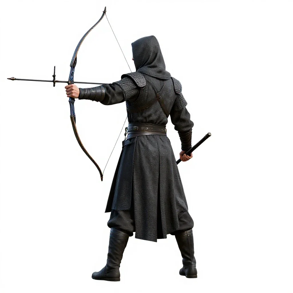Elven archer in layered silks isolated on a white background