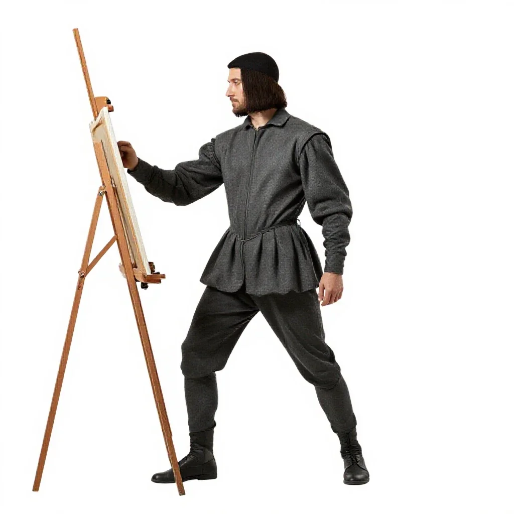 Renaissance painter at an easel isolated on a white background