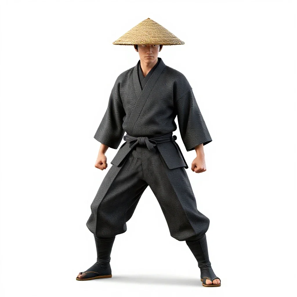 Ronin with a straw hat isolated on a white background