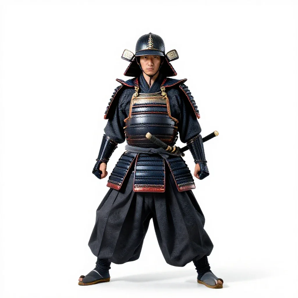 Samurai in lacquered armour isolated on a white background