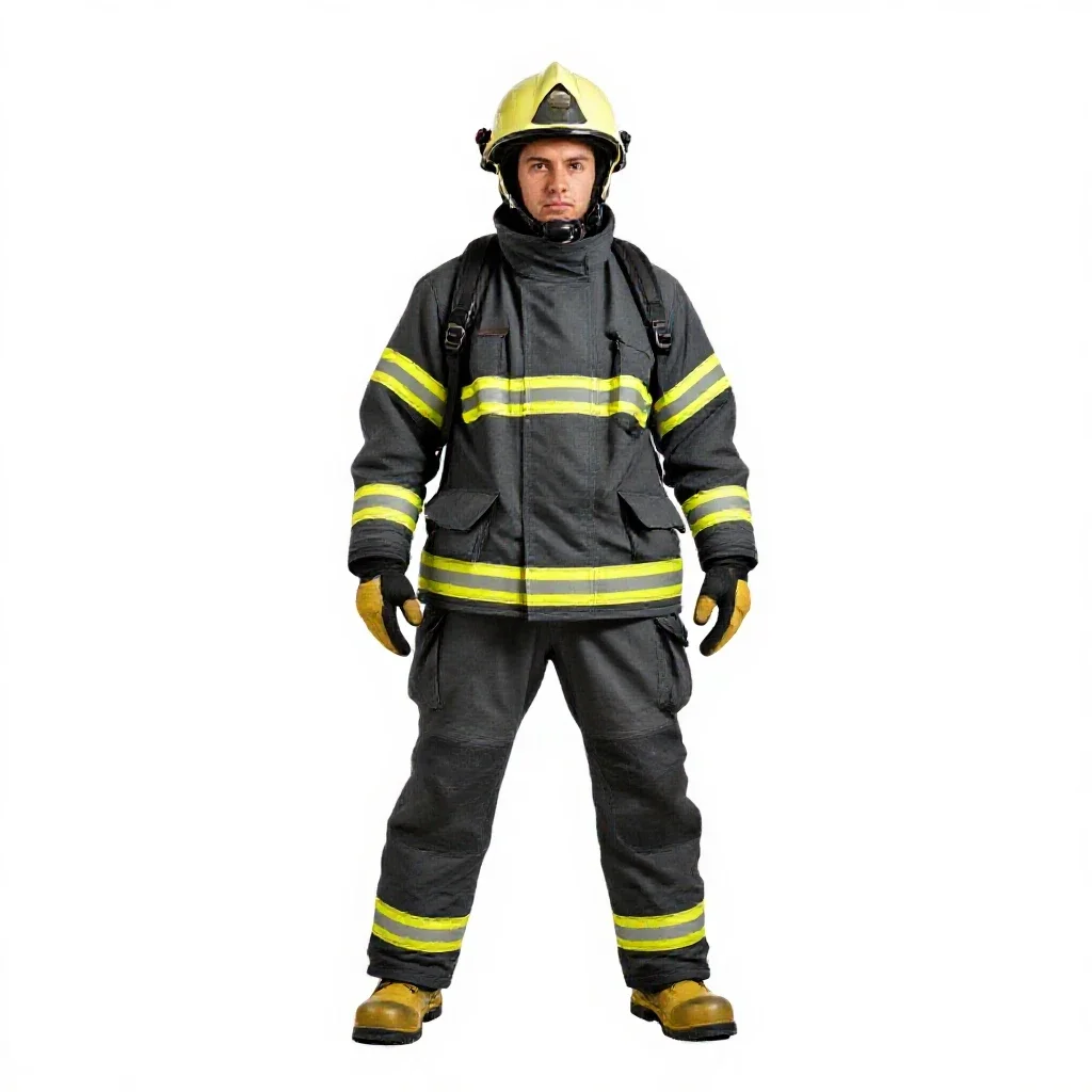 Firefighter in turnout gear isolated on a white background