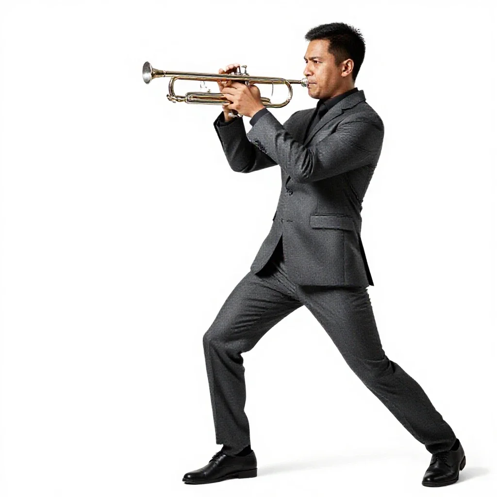 Jazz trumpeter mid-performance isolated on a white background