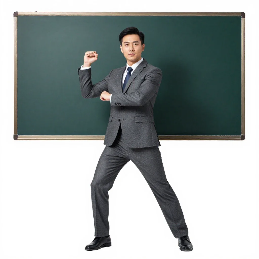 Teacher at a chalkboard isolated on a white background