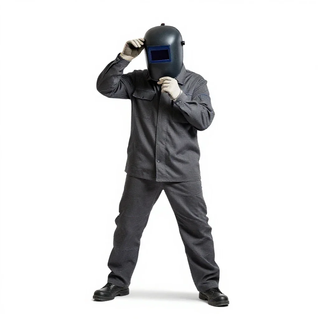 Welder lifting a visor isolated on a white background