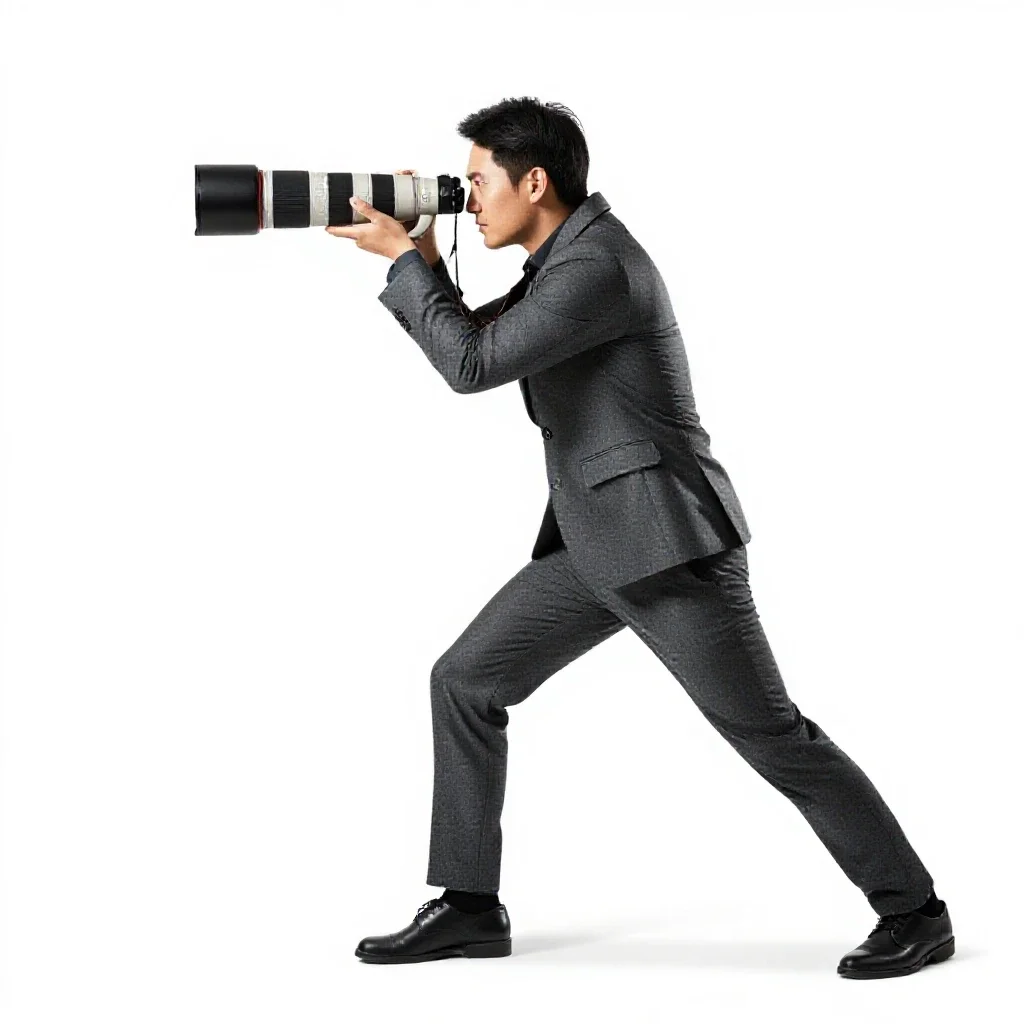 Wildlife photographer with a long lens isolated on a white background