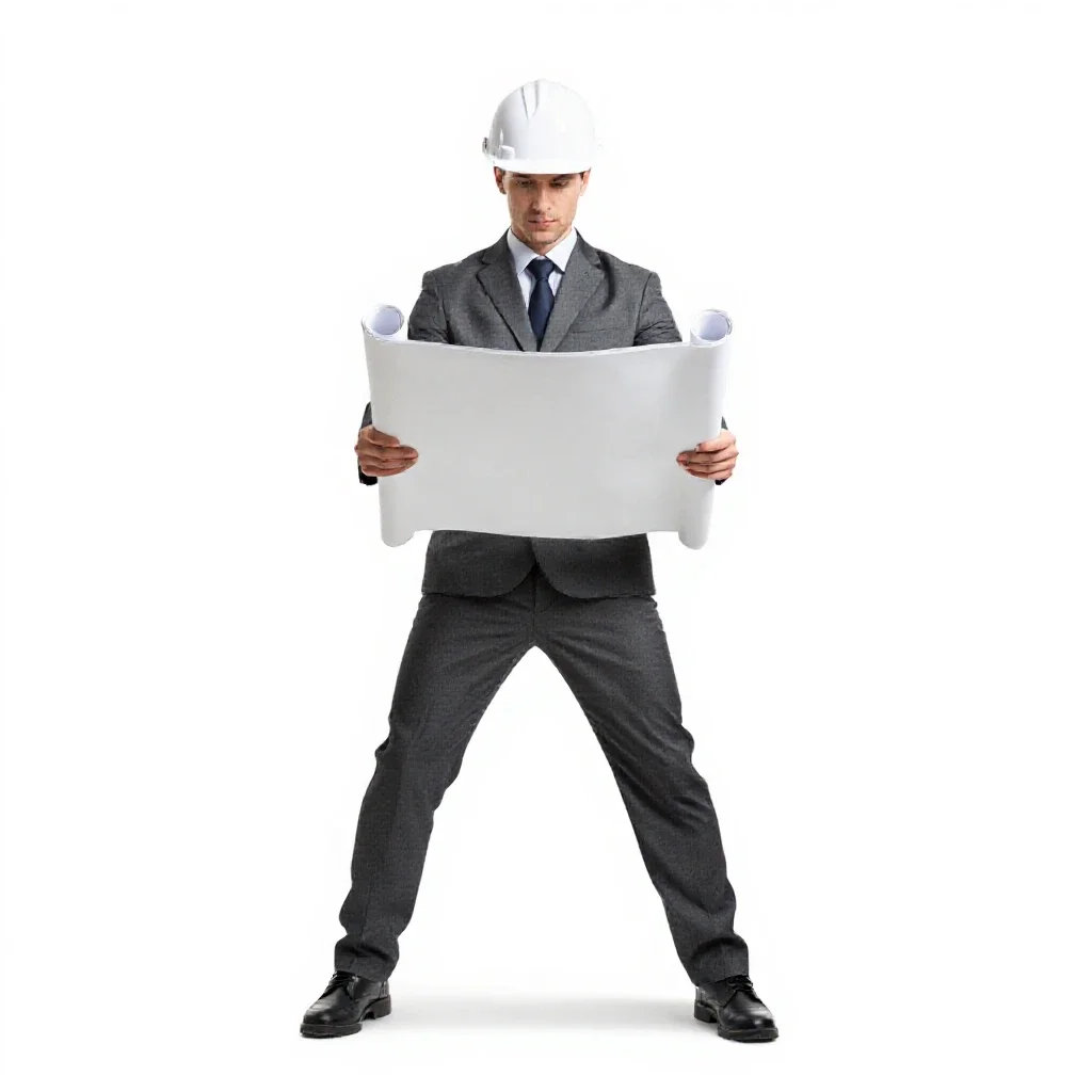 Architect carrying rolled plans isolated on a white background