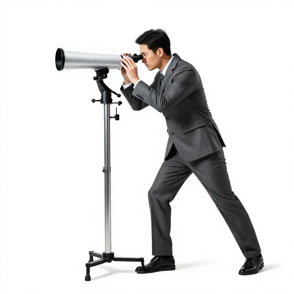 Astronomer at a telescope eyepiece isolated on a white background