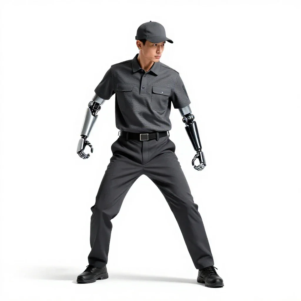 Courier with a cybernetic arm isolated on a white background