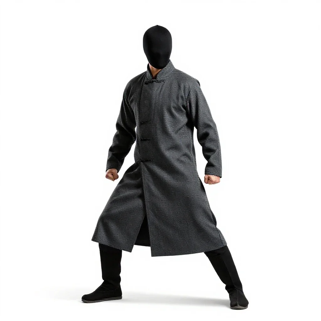 Street samurai in a long coat isolated on a white background